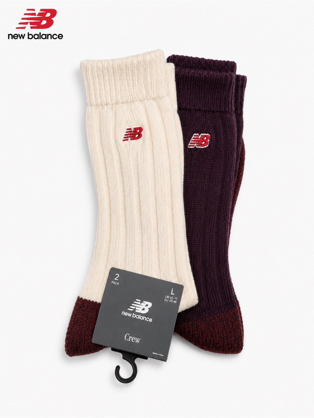 New Balance Crew Socks 2 Pack Size Large Cream Burgundy Ribbed Logo NWT unisex - Picture 1 of 10